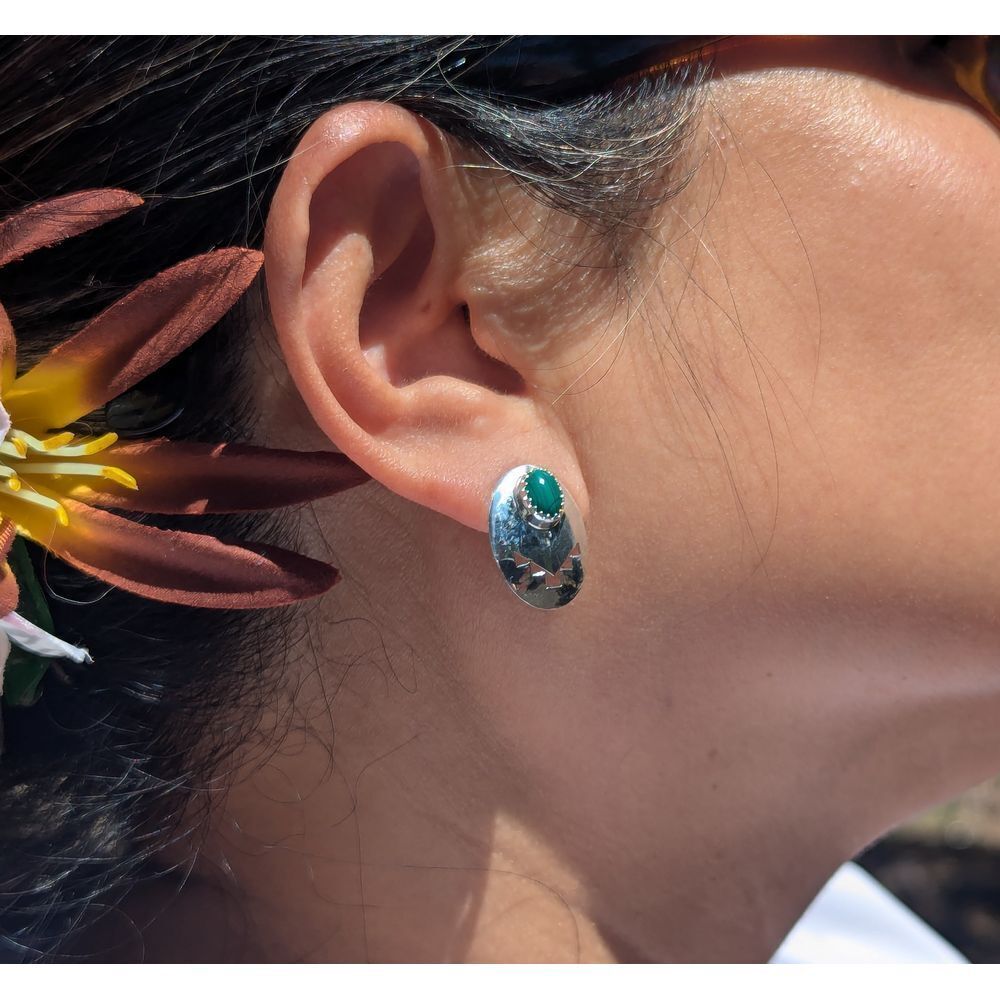 Native American Tribal Symbol Navajo Malachite Earrings Sterling Silver Jewelry*